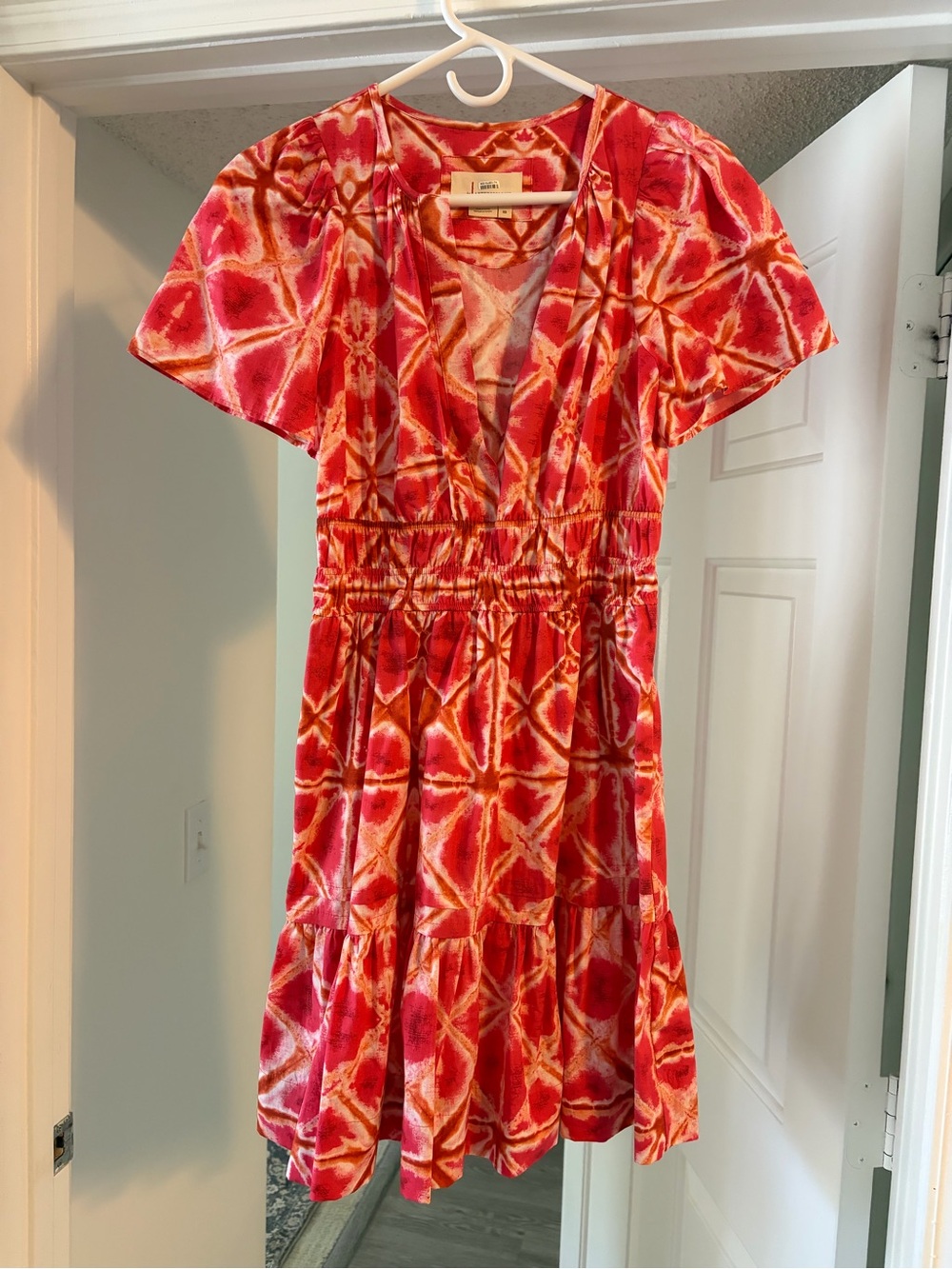 Anthropologie Pink and Red Printed V-Neck Mini Dress